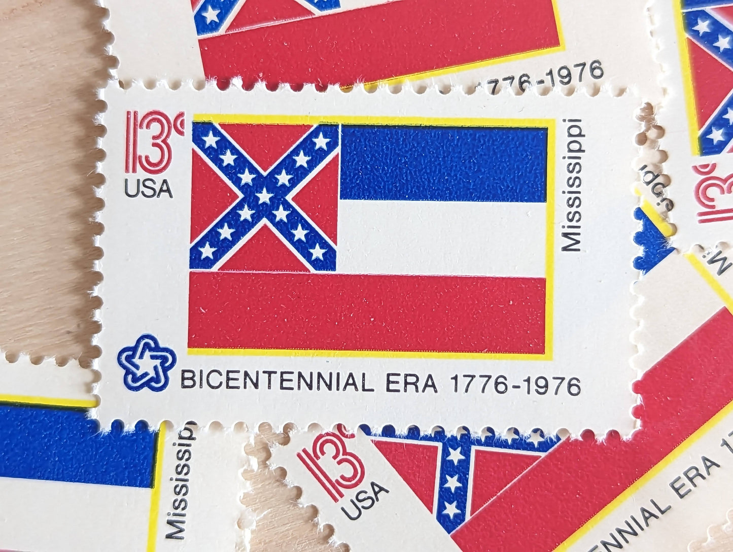 Mississippi State Flag, Set of 10, Vintage Unused USPS 13 Cent Postage Stamps, State Flags 1976, Gummed