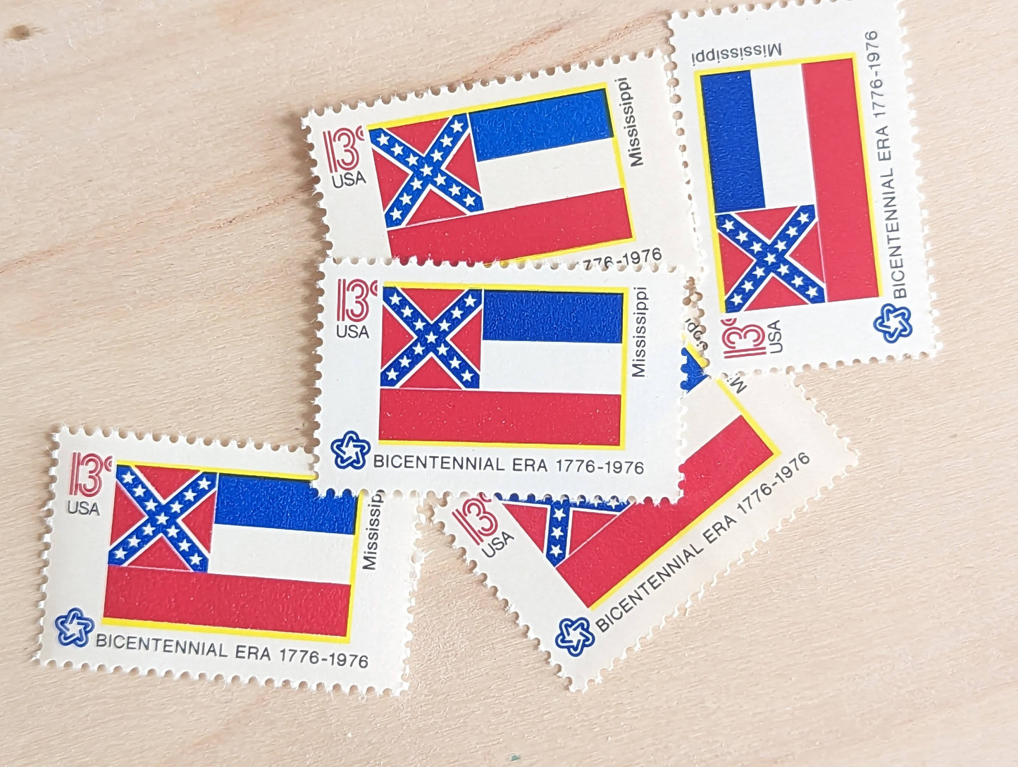 Mississippi State Flag, Set of 10, Vintage Unused USPS 13 Cent Postage Stamps, State Flags 1976, Gummed