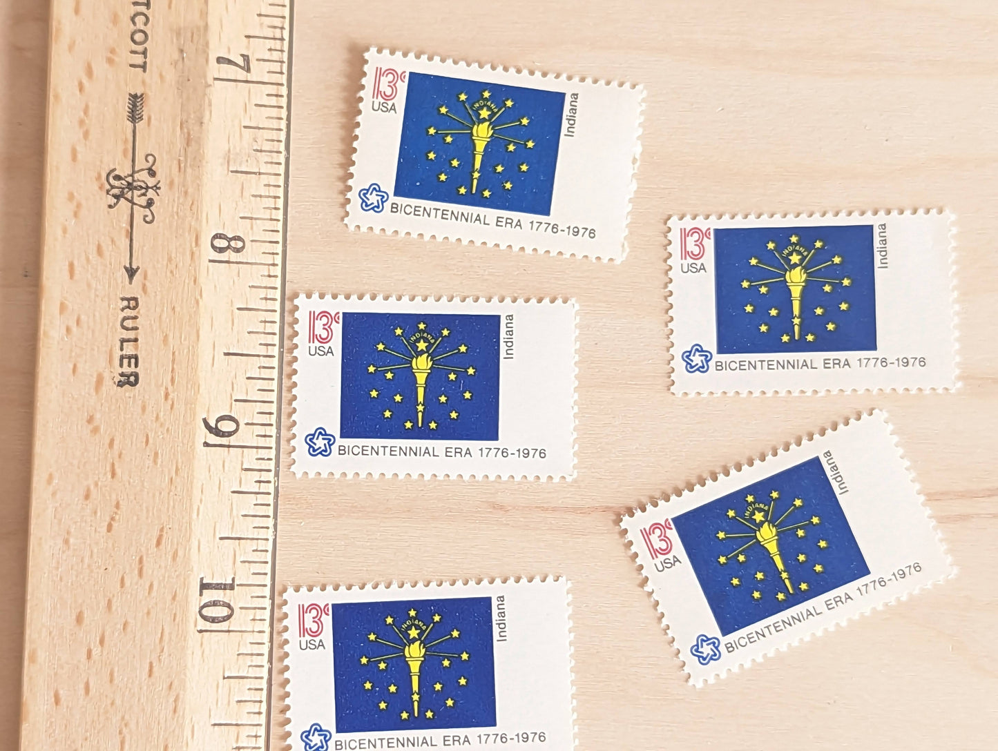 Indiana State Flag, Set of 10, Vintage Unused USPS 13 Cent Postage Stamps, State Flags 1976, Gummed