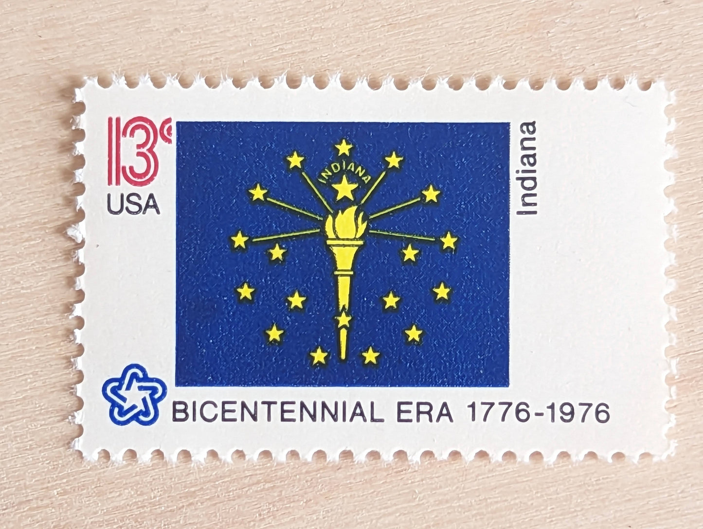 Indiana State Flag, Set of 10, Vintage Unused USPS 13 Cent Postage Stamps, State Flags 1976, Gummed