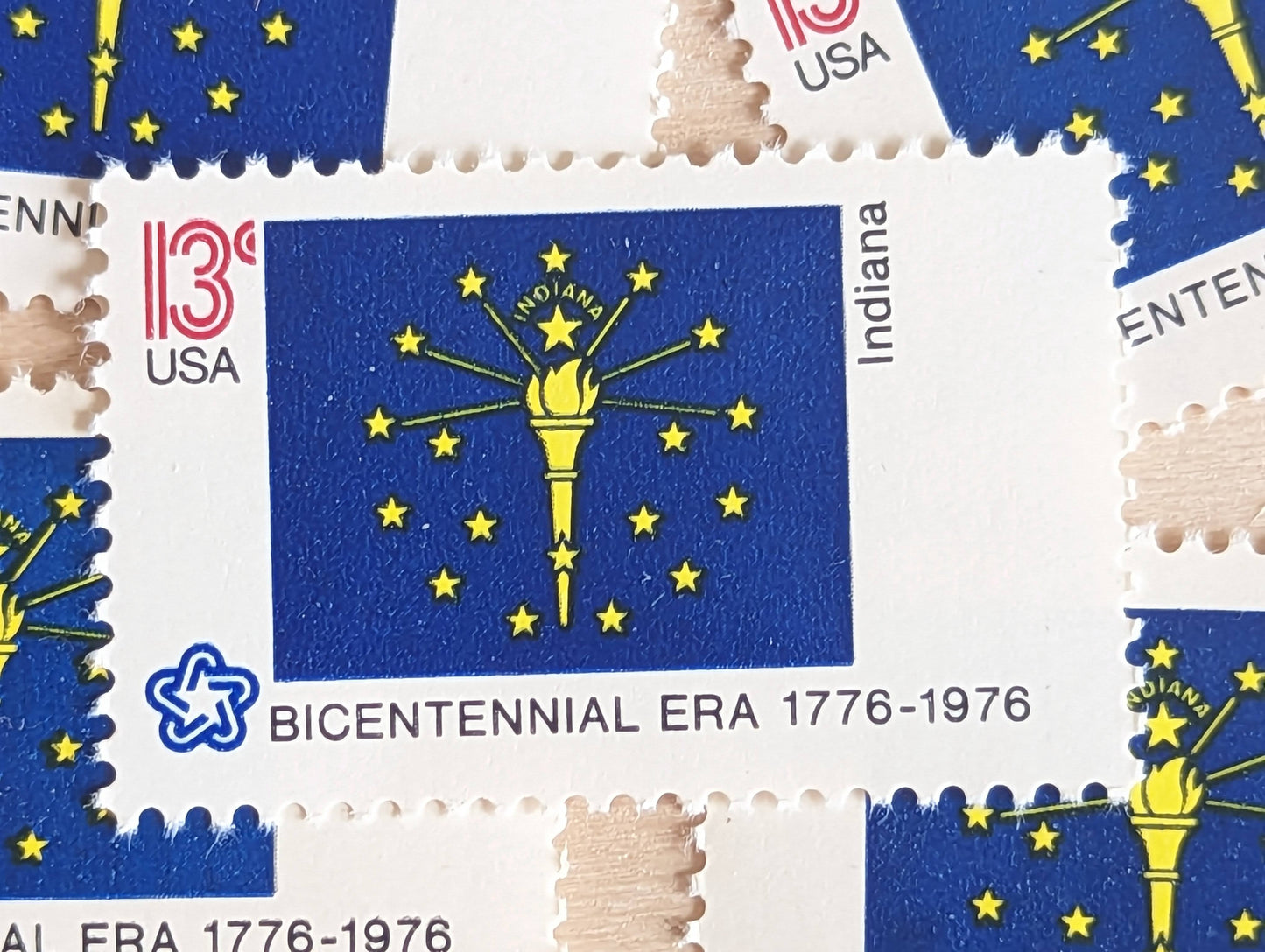 Indiana State Flag, Set of 10, Vintage Unused USPS 13 Cent Postage Stamps, State Flags 1976, Gummed