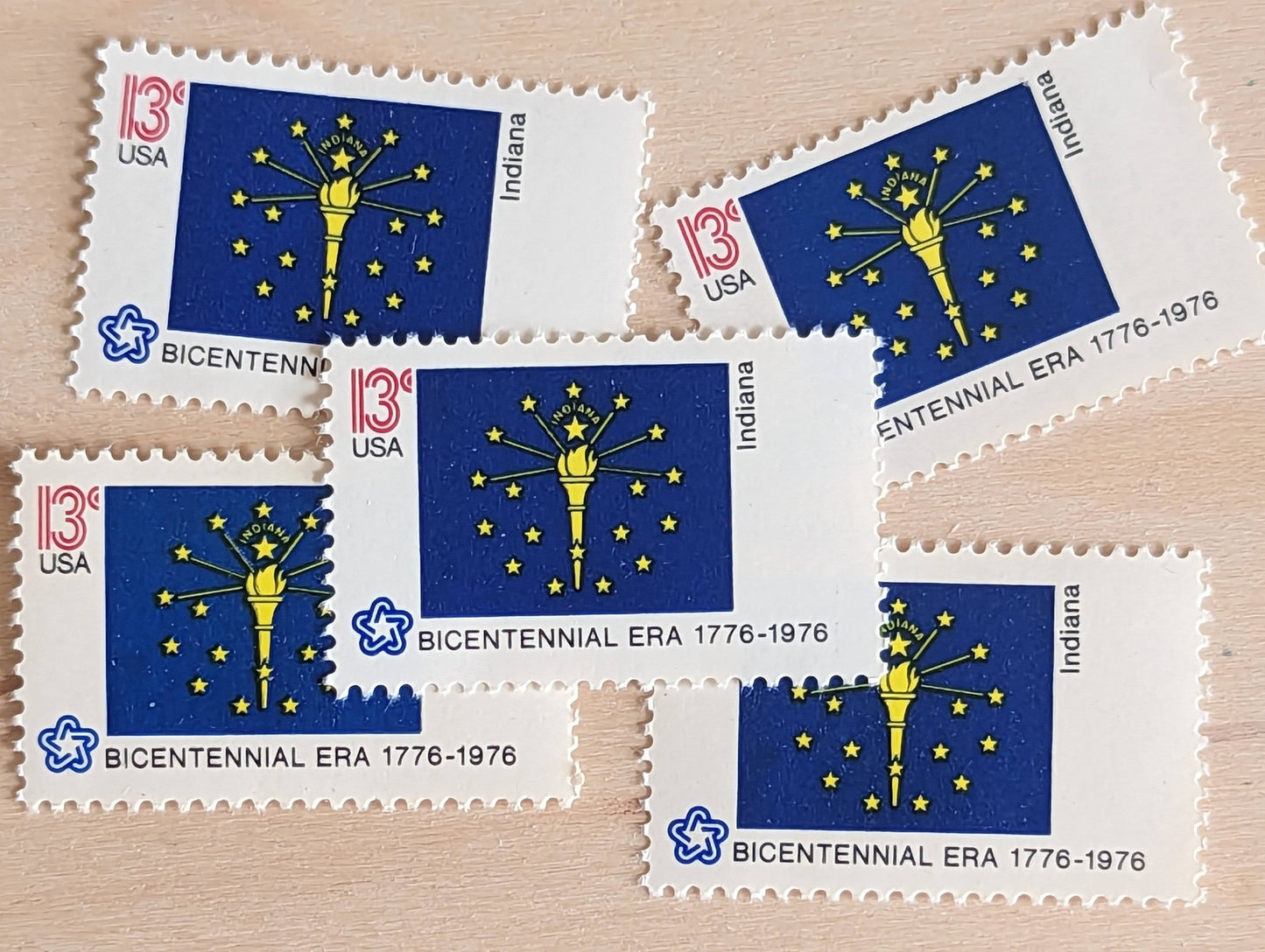 Indiana State Flag, Set of 10, Vintage Unused USPS 13 Cent Postage Stamps, State Flags 1976, Gummed