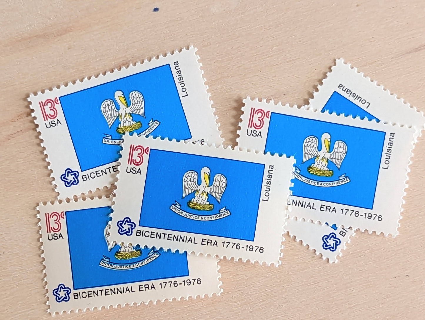 Louisiana State Flag, Set of 10, Vintage Unused USPS 13 Cent Postage Stamps, State Flags 1976, Gummed