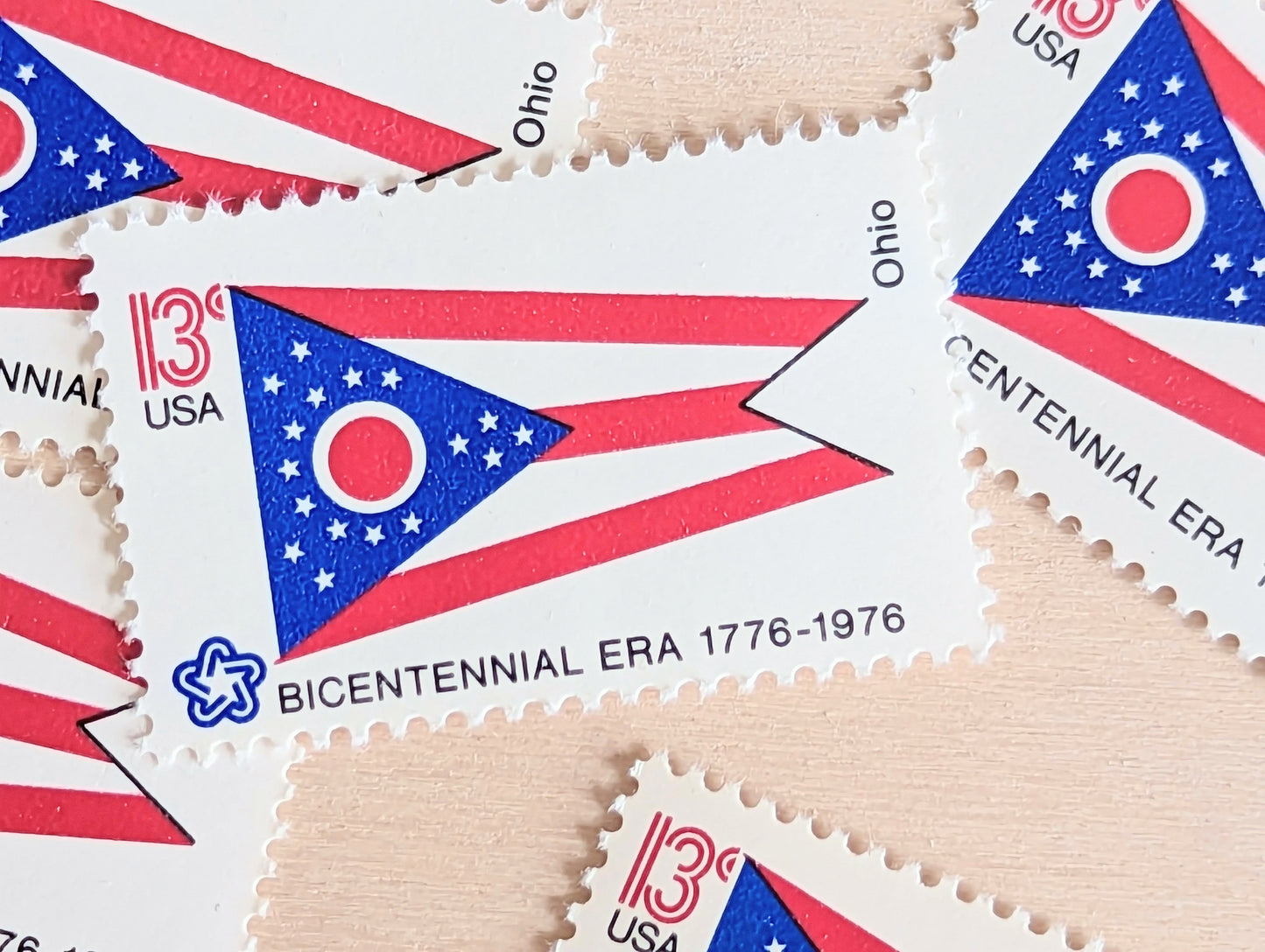 Ohio State Flag, Set of 10, Vintage Unused USPS 13 Cent Postage Stamps, State Flags 1976, Gummed