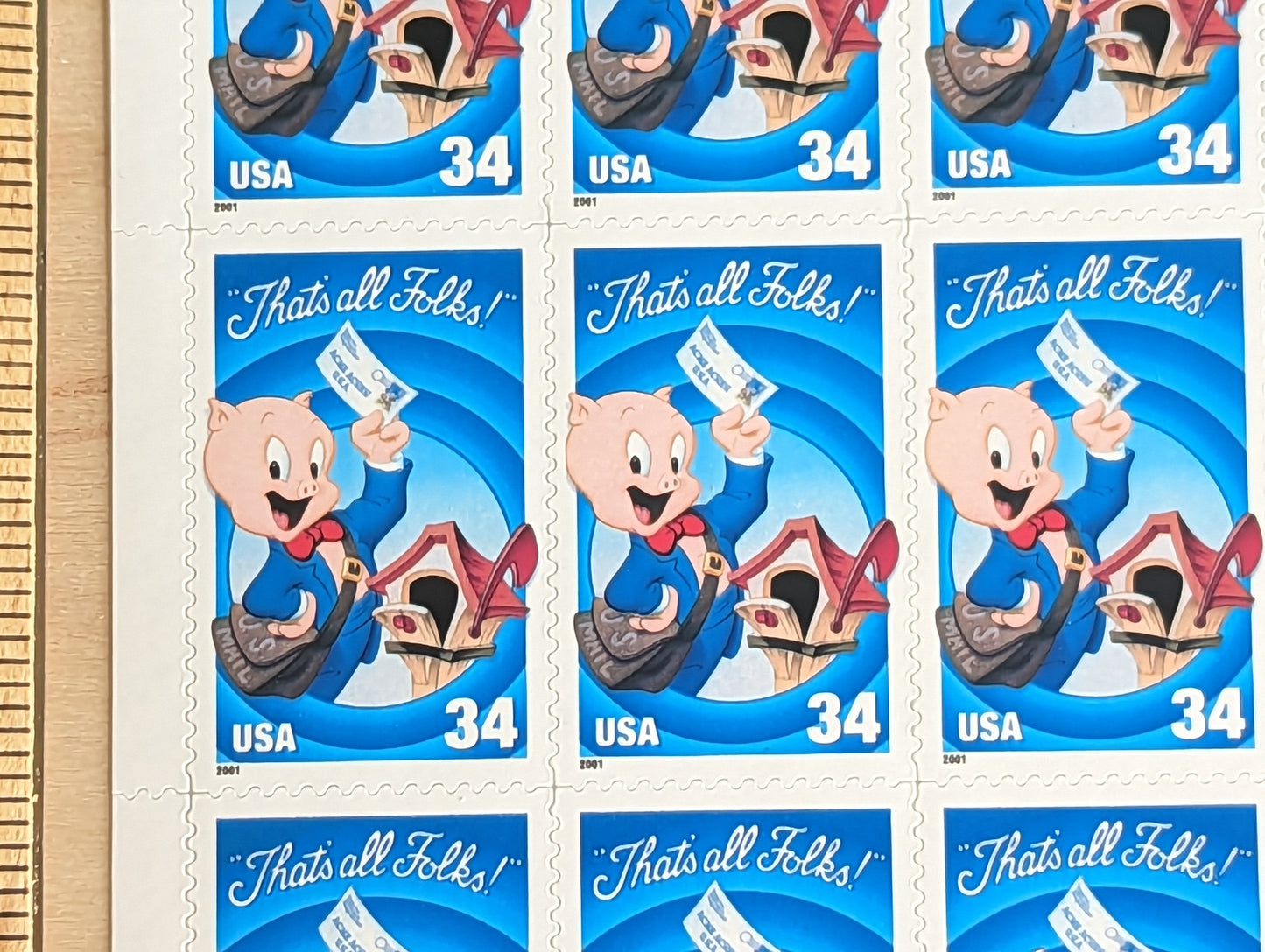 Porky Pig "That's All Folks!", Sheet of 10, Vintage Unused USPS 34 Cent Postage Stamps, Looney Tunes Stamps (Souvenir Sheet), 2000, Gummed