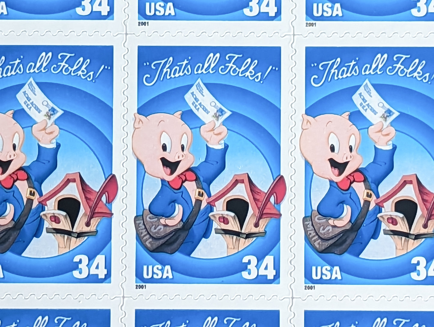 Porky Pig "That's All Folks!", Sheet of 10, Vintage Unused USPS 34 Cent Postage Stamps, Looney Tunes Stamps (Souvenir Sheet), 2000, Gummed