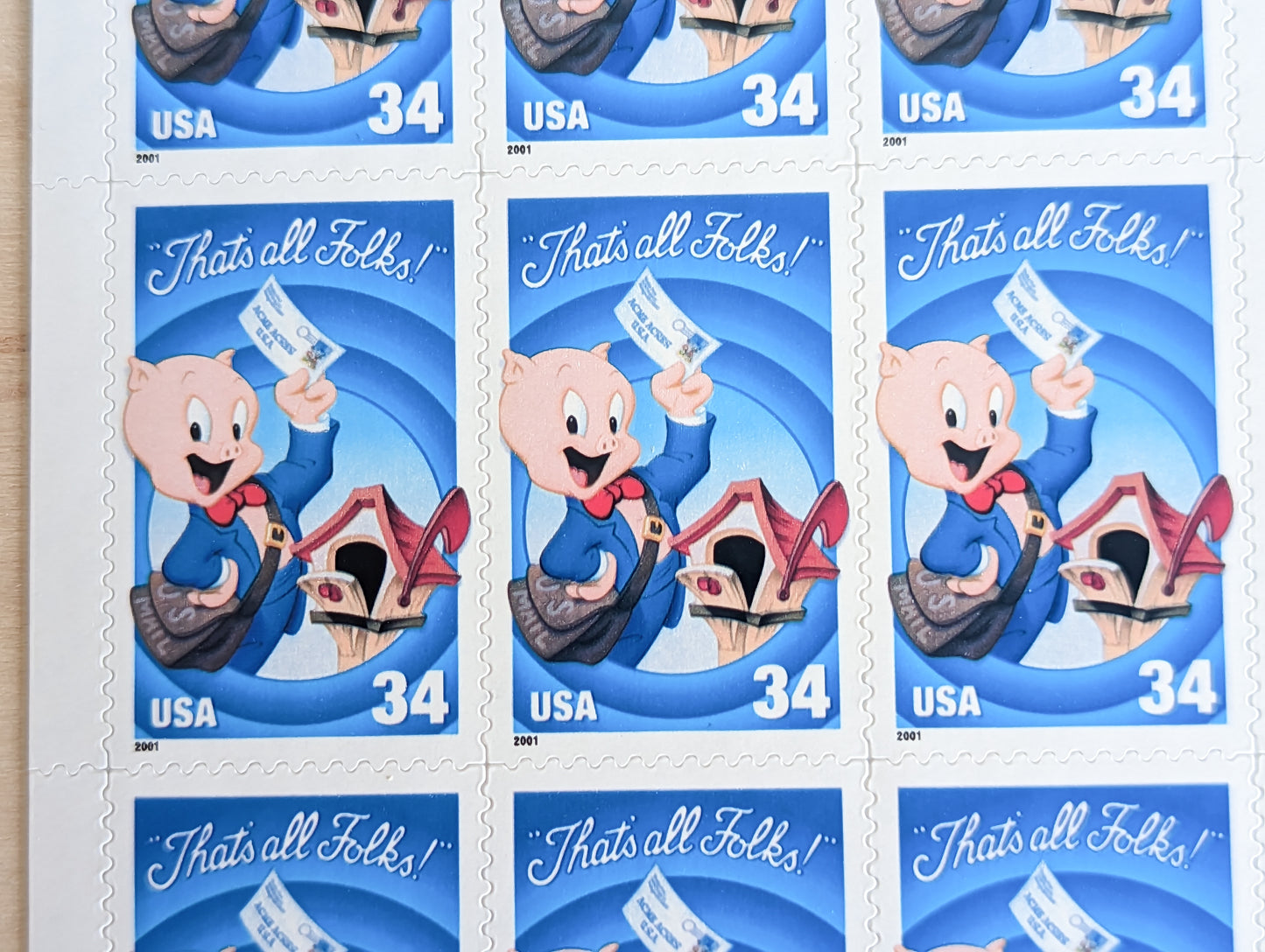 Porky Pig "That's All Folks!", Sheet of 10, Vintage Unused USPS 34 Cent Postage Stamps, Looney Tunes Stamps (Souvenir Sheet), 2000, Gummed