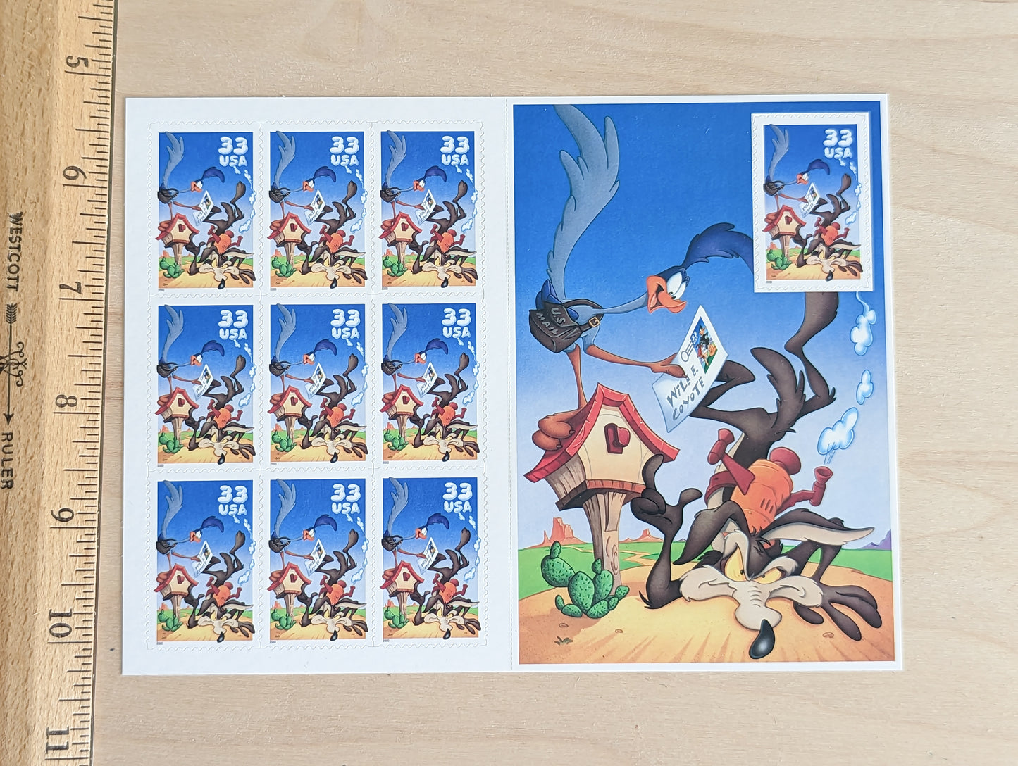 Wile E. Coyote and Road Runner Looney Tunes, Sheet of 10, Vintage Unused USPS 33 Cent Postage Stamps, Looney Tunes Stamps (Souvenir Sheet), 2000, Gummed