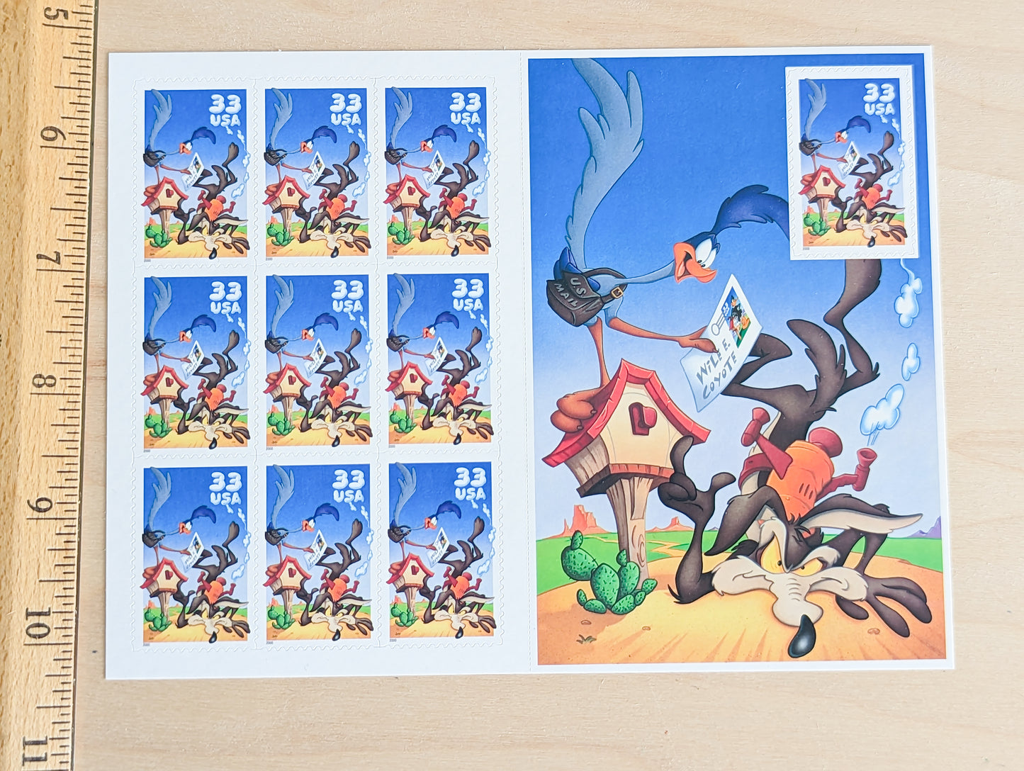 Wile E. Coyote and Road Runner Looney Tunes, Sheet of 10, Vintage Unused USPS 33 Cent Postage Stamps, Looney Tunes Stamps (Souvenir Sheet), 2000, Gummed