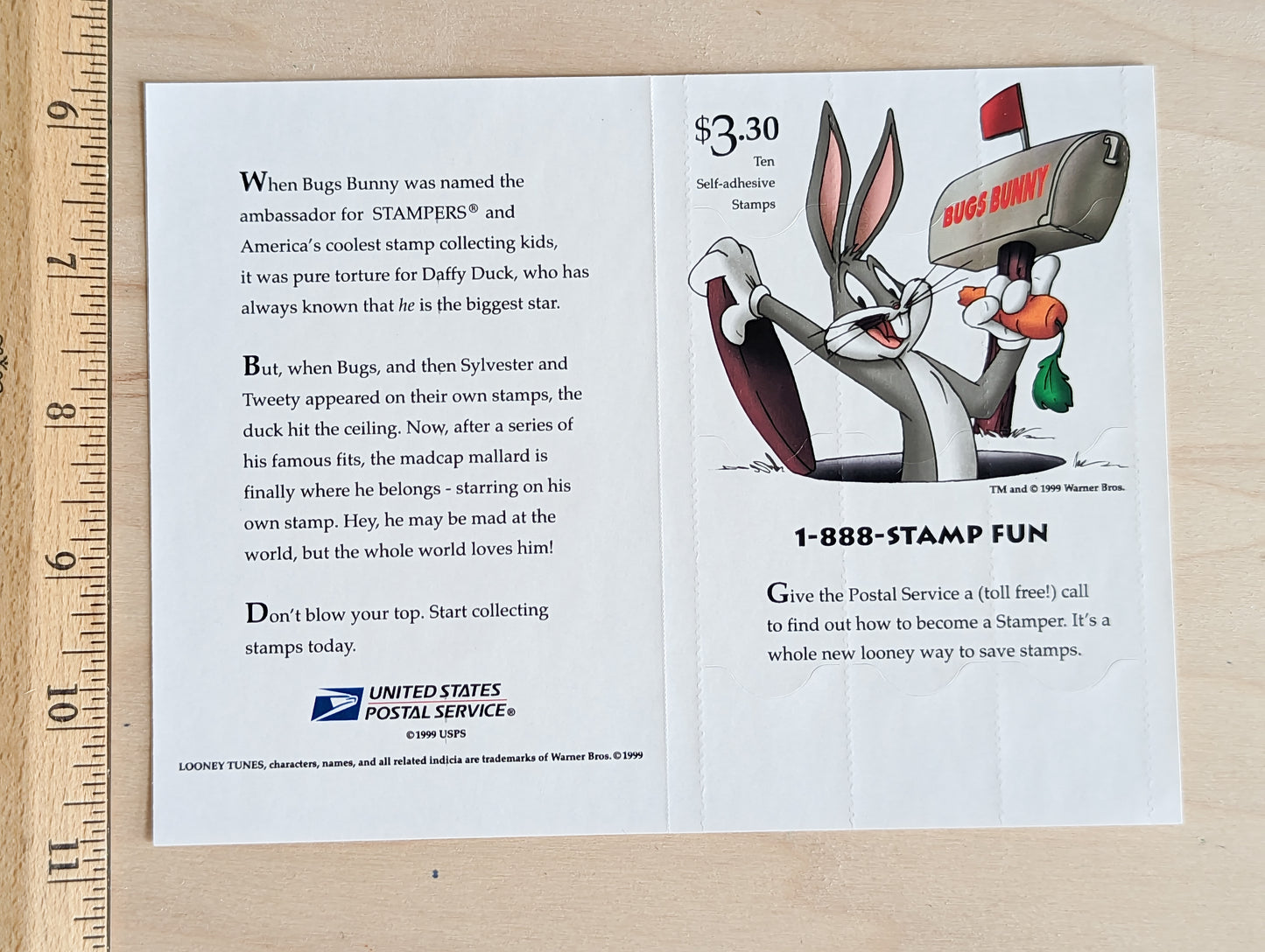 Daffy Duck Looney Tunes, Sheet of 10, Vintage Unused USPS 33 Cent Postage Stamps, Looney Tunes Stamps (Souvenir Sheet), 1999, Gummed