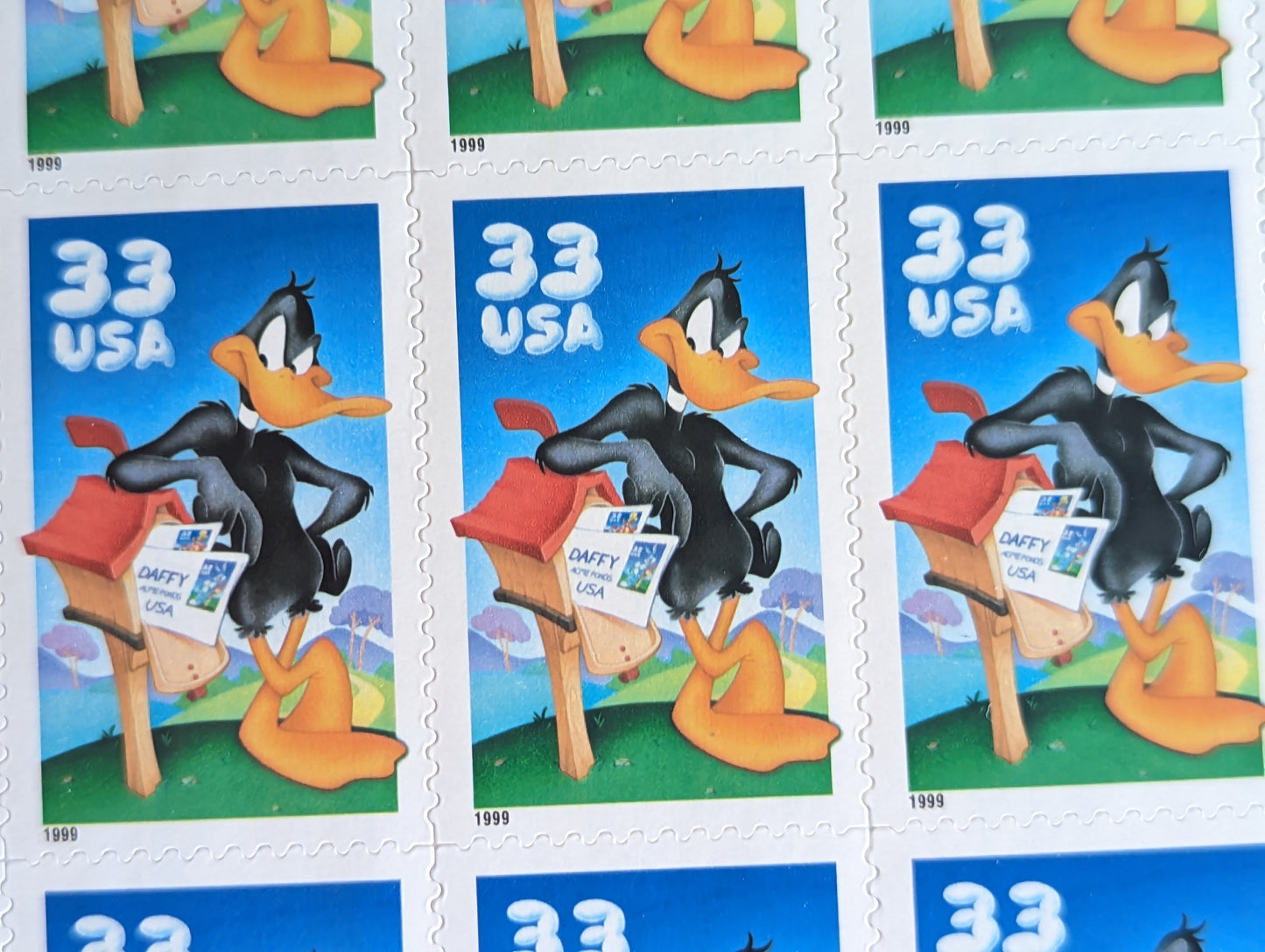 Daffy Duck Looney Tunes, Sheet of 10, Vintage Unused USPS 33 Cent Postage Stamps, Looney Tunes Stamps (Souvenir Sheet), 1999, Gummed