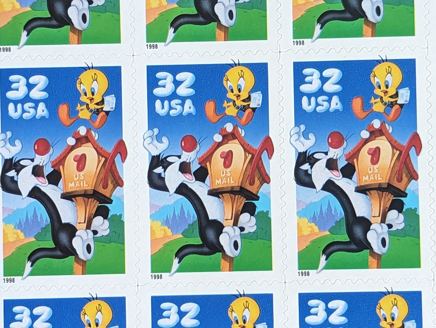 Sylvester and Tweety Looney Tunes, Sheet of 10, Vintage Unused USPS 32 Cent Postage Stamps, Looney Tunes Stamps (Souvenir Sheet), 1997, Gummed