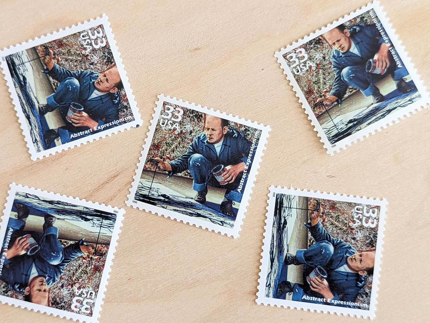 Abstract Expressionism stamps, Jackson Pollock, Set of 5, Vintage Unused USPS 33 Cent Postage Stamps, 1940s Celebrate the Century Stamps 1998, Gummed
