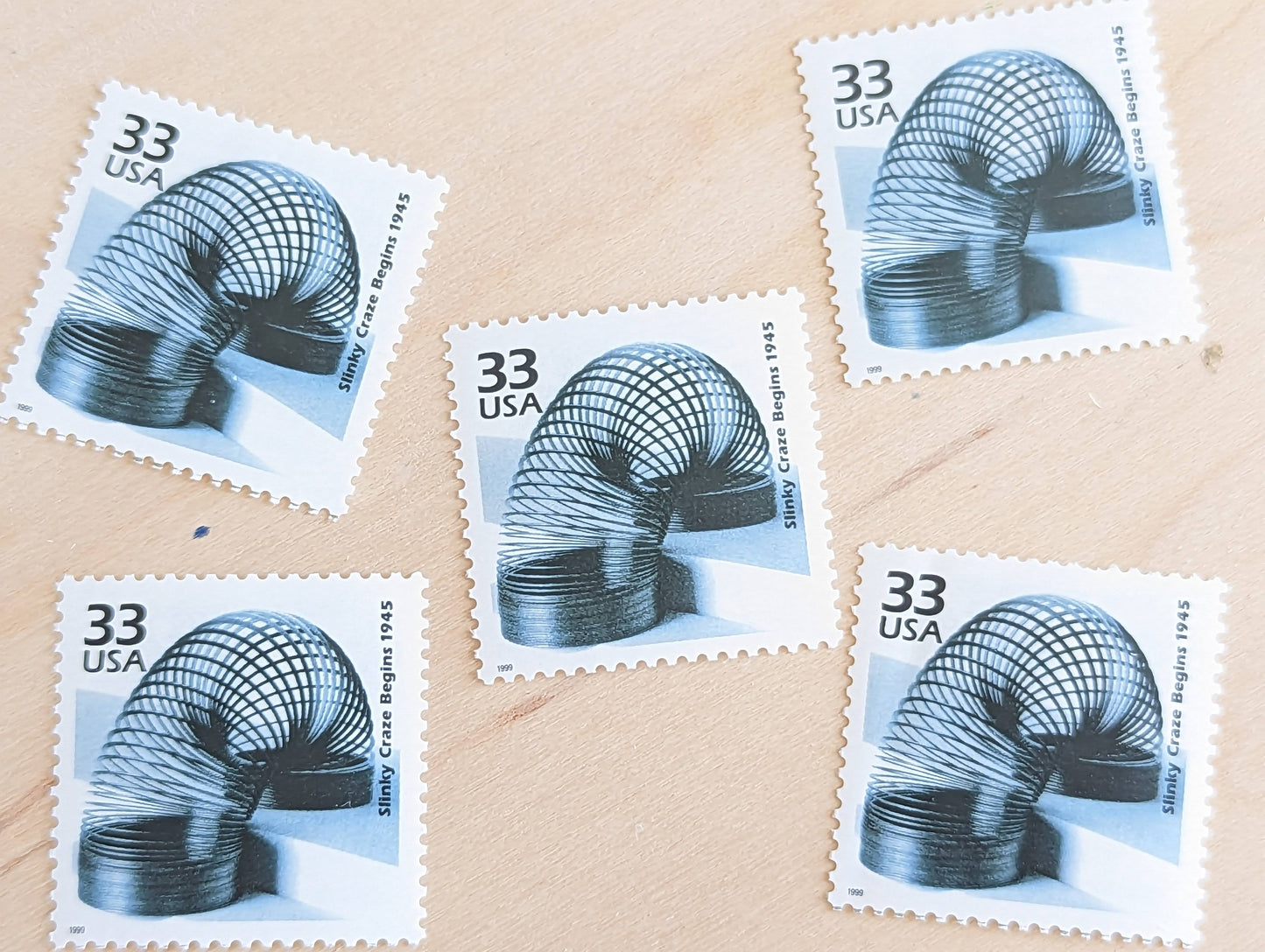 Slinky Stamps, Set of 5, Vintage Unused USPS 33 Cent Postage Stamps, 1940s Celebrate the Century Stamps 1998, Gummed