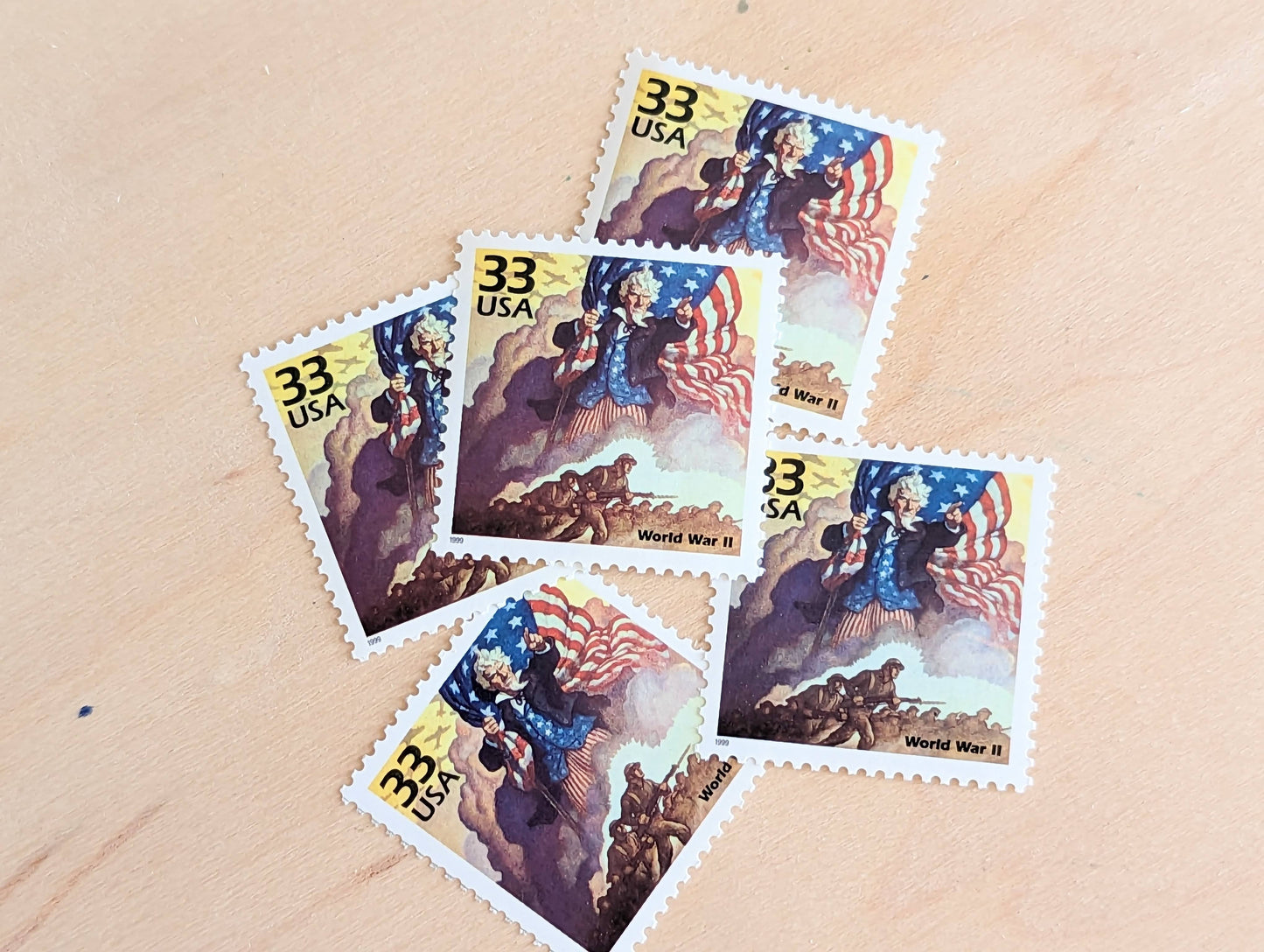 World War II Stamps, Set of 5, Vintage Unused USPS 33 Cent Postage Stamps, 1940s Celebrate the Century Stamps 1998, Gummed