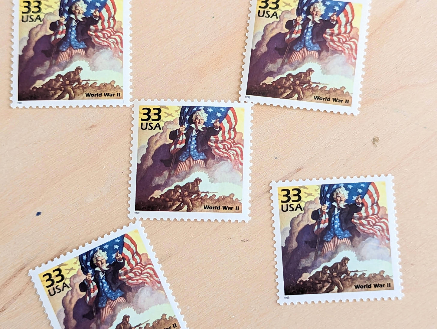 World War II Stamps, Set of 5, Vintage Unused USPS 33 Cent Postage Stamps, 1940s Celebrate the Century Stamps 1998, Gummed