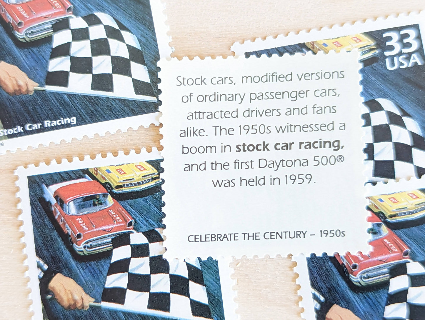 Stock Car Racing Stamps, Set of 5, Vintage Unused USPS 33 Cent Postage Stamps, 1950s Celebrate the Century Stamps 1998, Gummed