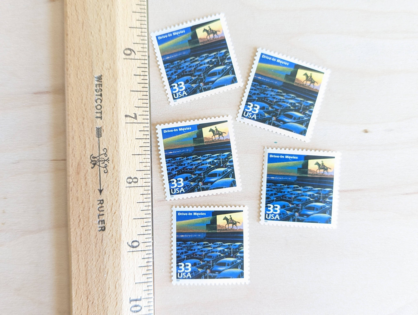 Drive-In Theaters Stamps, Set of 5, Vintage Unused USPS 33 Cent Postage Stamps, 1950s Celebrate the Century Stamps 1998, Gummed