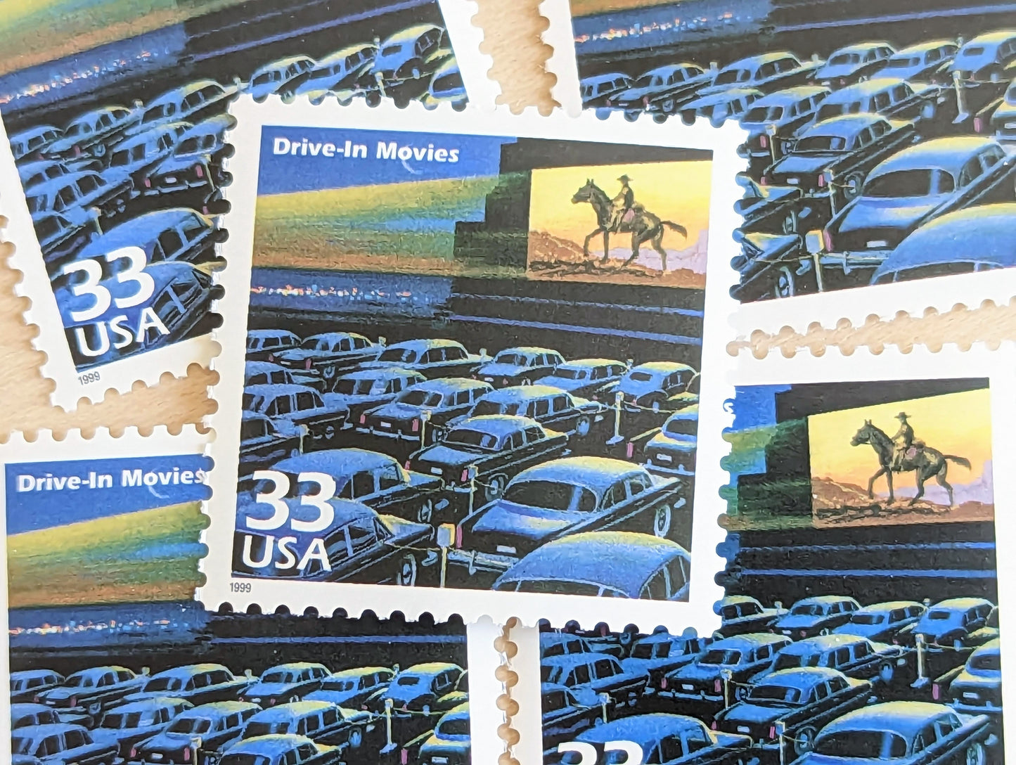 Drive-In Theaters Stamps, Set of 5, Vintage Unused USPS 33 Cent Postage Stamps, 1950s Celebrate the Century Stamps 1998, Gummed