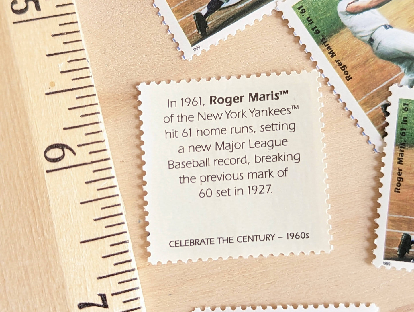 Roger Maris Stamps, Set of 5, Vintage Unused USPS 33 Cent Postage Stamps, 1960s Celebrate the Century Stamps 1998, Gummed