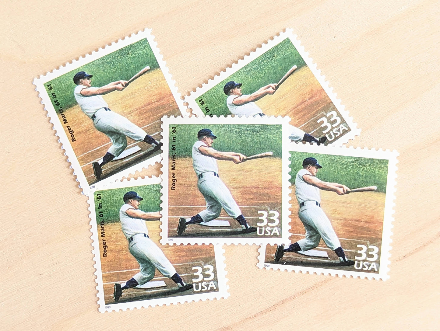 Roger Maris Stamps, Set of 5, Vintage Unused USPS 33 Cent Postage Stamps, 1960s Celebrate the Century Stamps 1998, Gummed