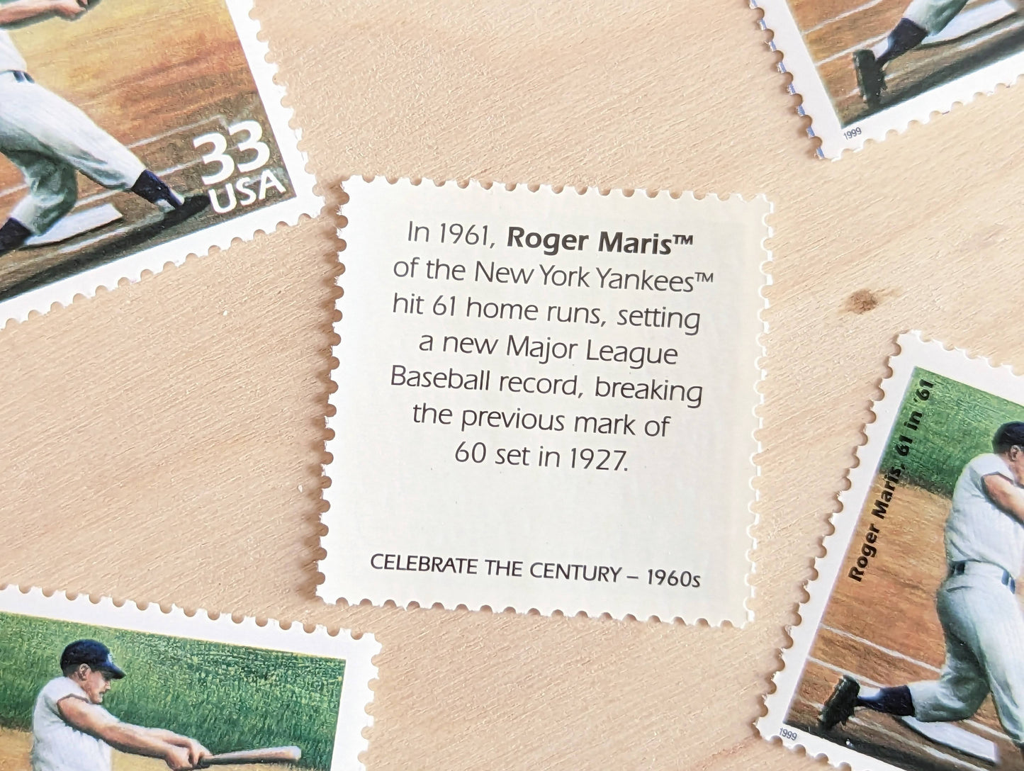 Roger Maris Stamps, Set of 5, Vintage Unused USPS 33 Cent Postage Stamps, 1960s Celebrate the Century Stamps 1998, Gummed