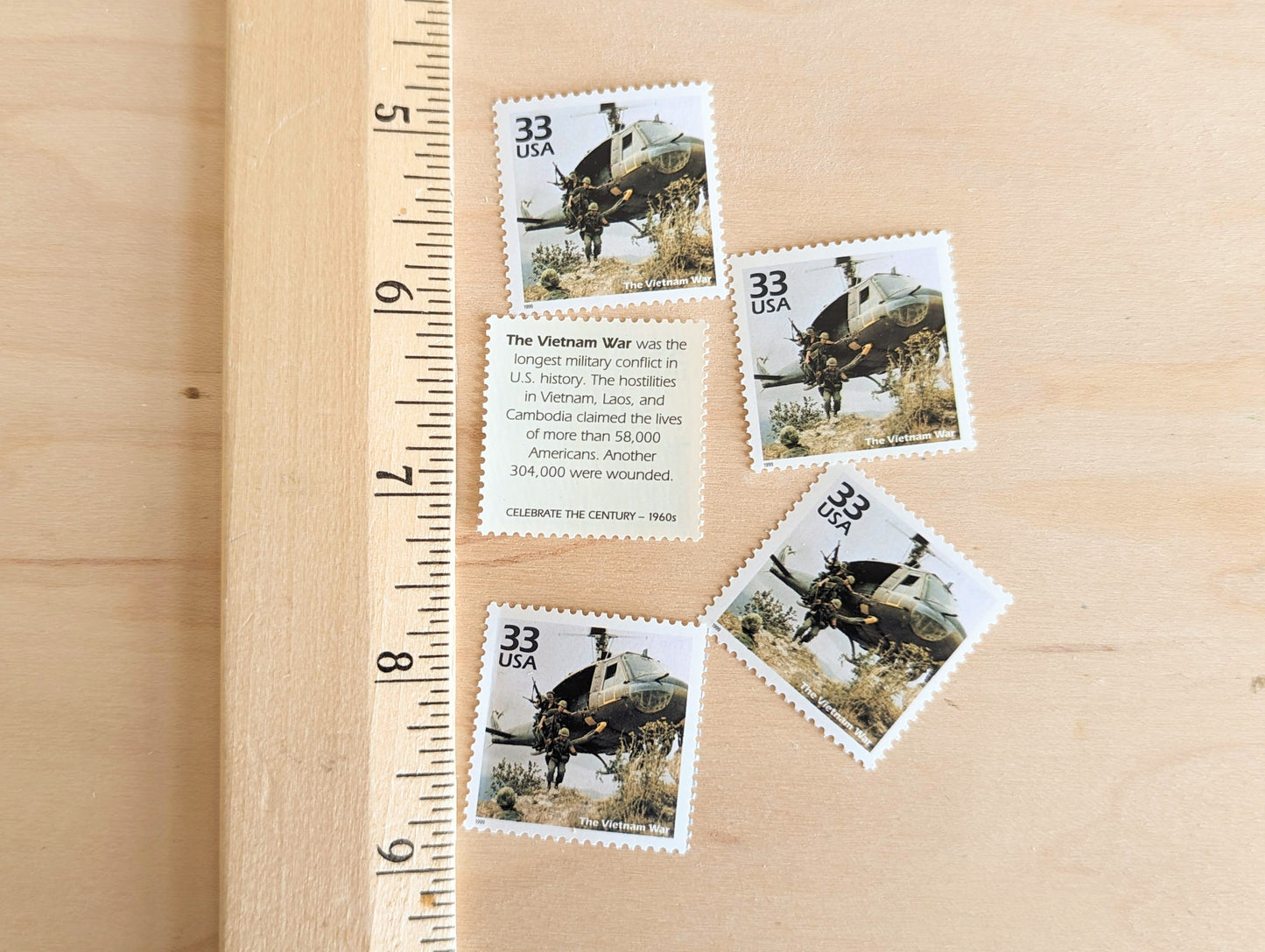 The Vietnam War Stamps, Set of 5, Vintage Unused USPS 33 Cent Postage Stamps, 1960s Celebrate the Century Stamps 1998, Gummed