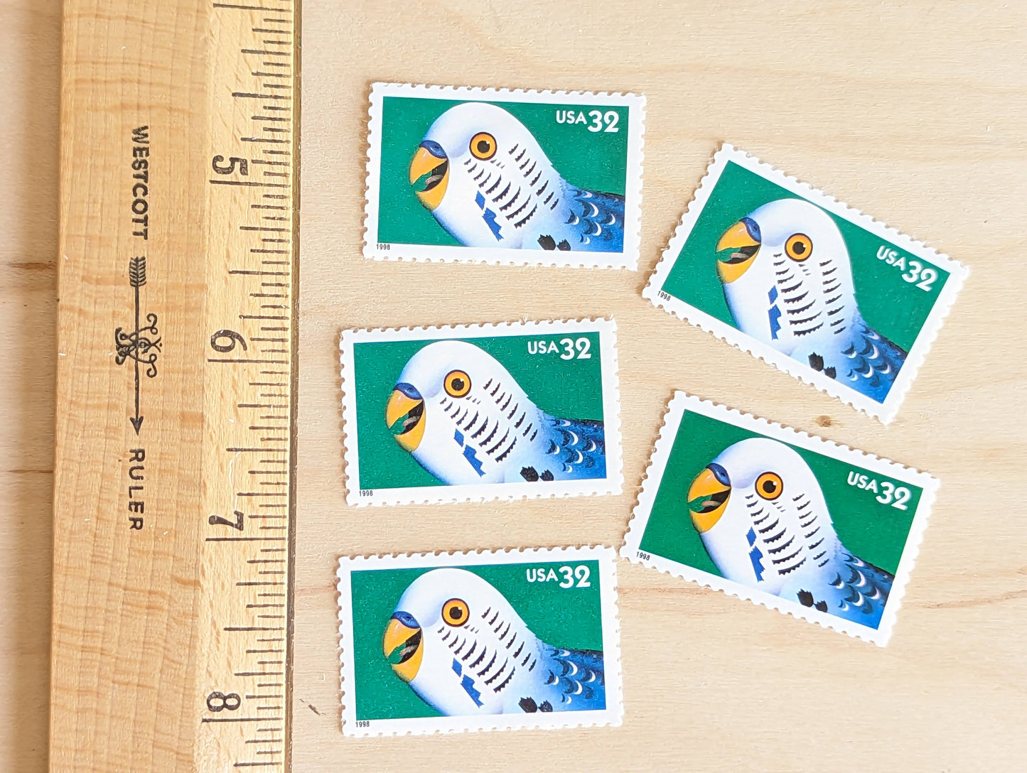Parakeet Bright Eyes Stamps, Set of 5, Vintage Unused USPS 32 Cent Postage Stamps, Bright Eyes 1998, Gummed