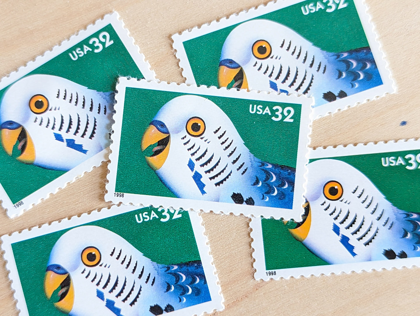 Parakeet Bright Eyes Stamps, Set of 5, Vintage Unused USPS 32 Cent Postage Stamps, Bright Eyes 1998, Gummed