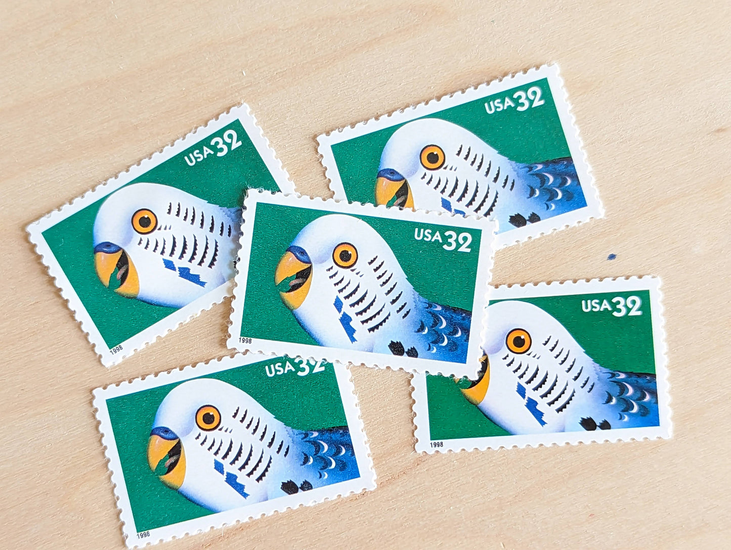 Parakeet Bright Eyes Stamps, Set of 5, Vintage Unused USPS 32 Cent Postage Stamps, Bright Eyes 1998, Gummed