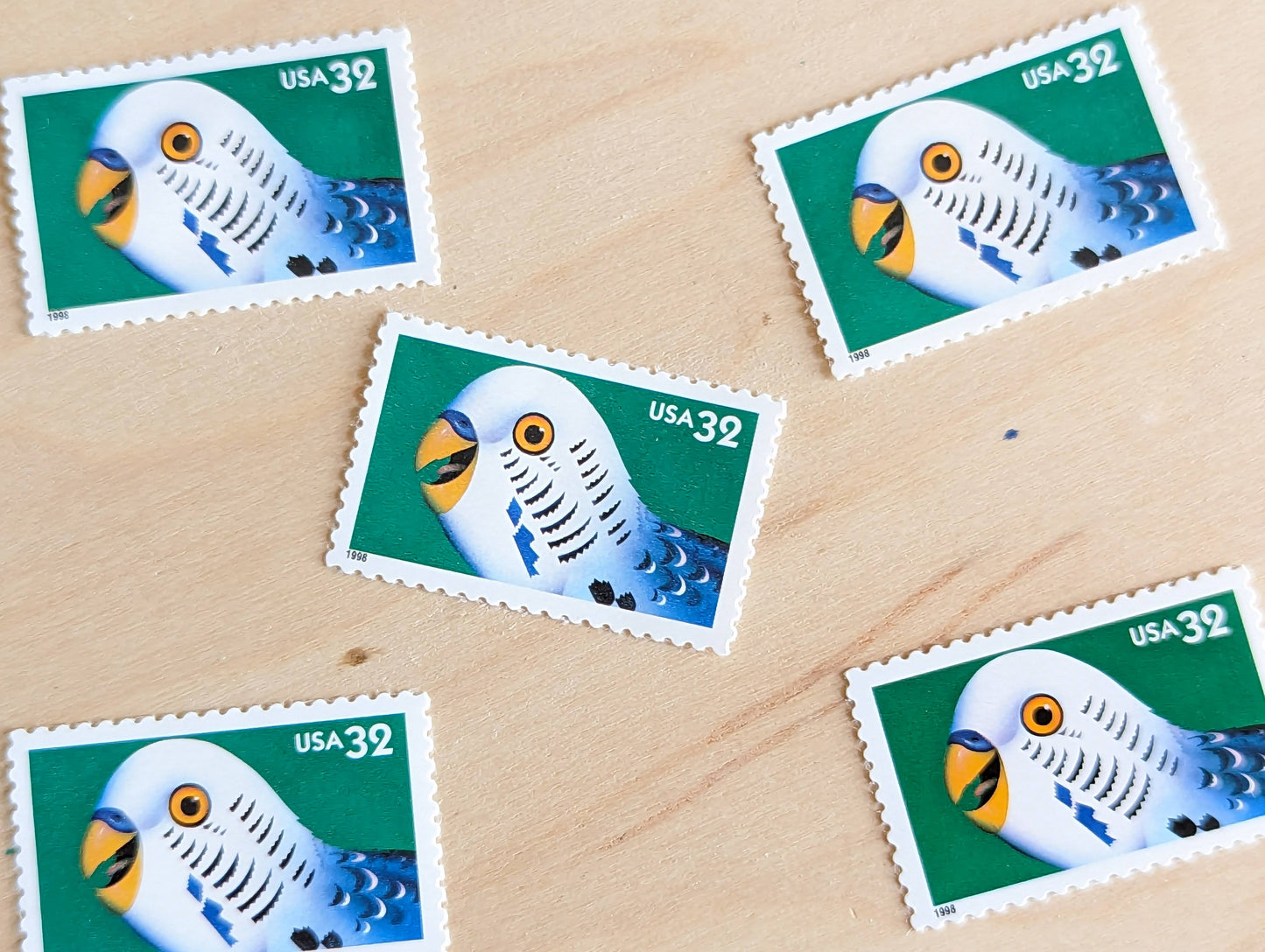 Parakeet Bright Eyes Stamps, Set of 5, Vintage Unused USPS 32 Cent Postage Stamps, Bright Eyes 1998, Gummed