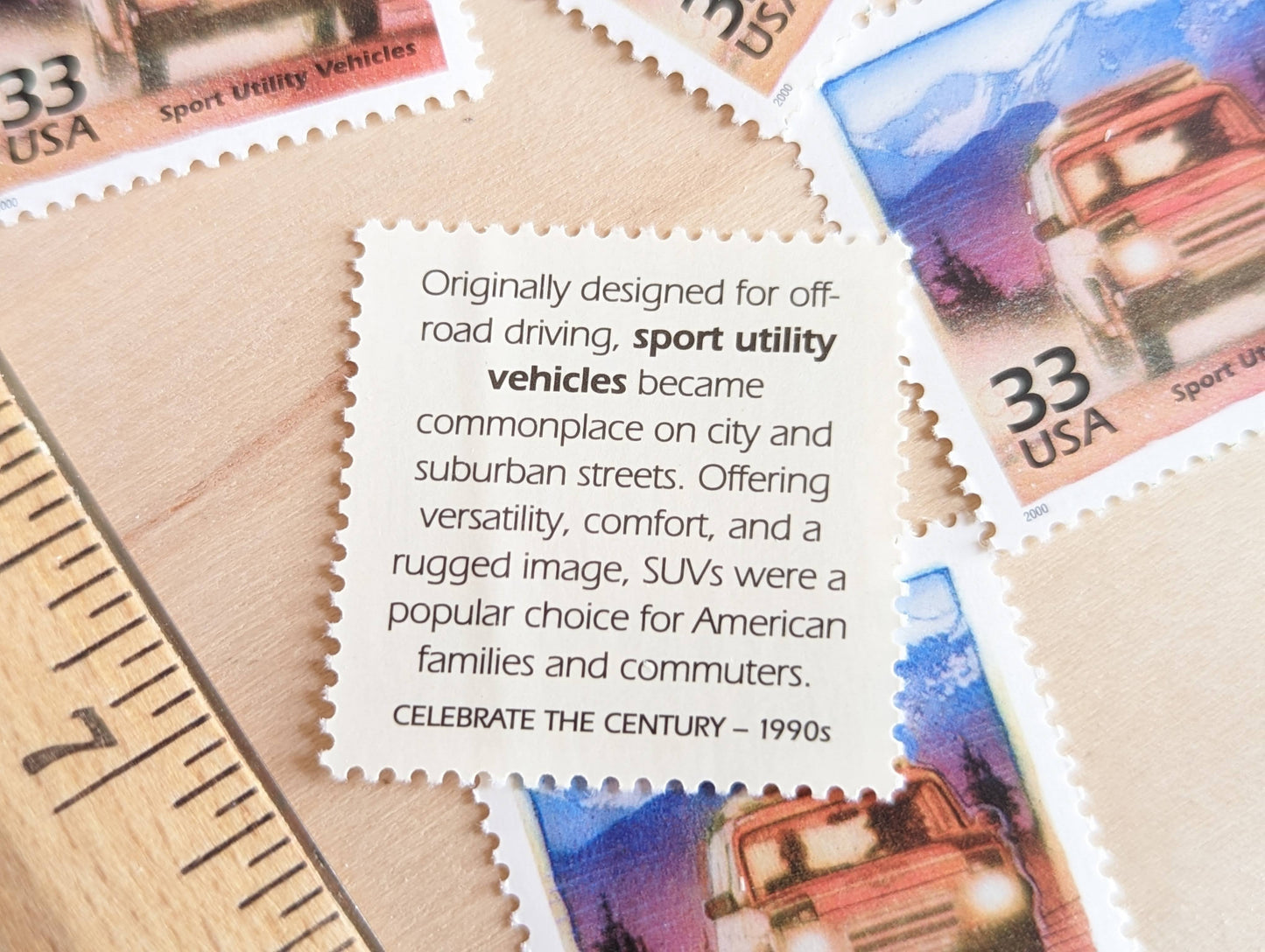 Sport Utility Vehicle Stamps, Set of 5, Vintage Unused USPS 33 Cent Postage Stamps, 1990s Celebrate the Century Stamps 1998–2000, Gummed