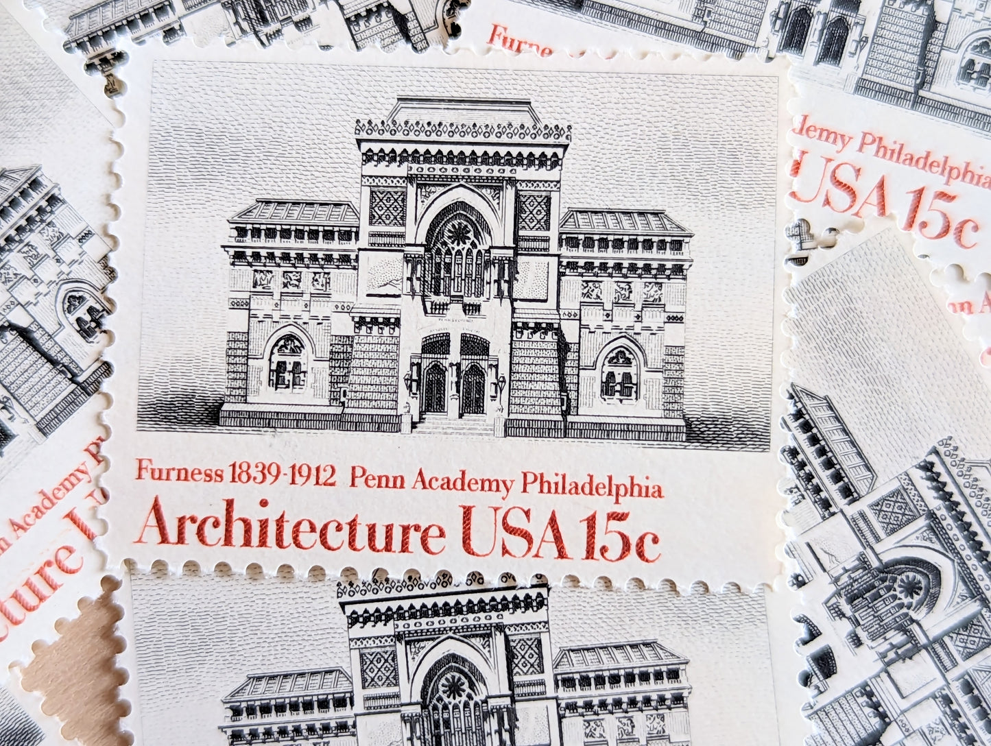 Architecture, Vintage Unused USPS 15 Cent Postage Stamps, American Architecture (Smithsonian, Trinity Church Boston, Penn Academy and Lyndhurst), 1980, Gummed