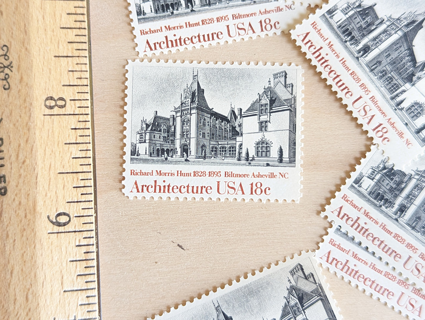 Architecture, Vintage Unused USPS 18 Cent Postage Stamps, American Architecture (Biltmore Asheville NC, NYU Library, Palace of Arts San Francisco, Bank Owatonna), 1981, Gummed