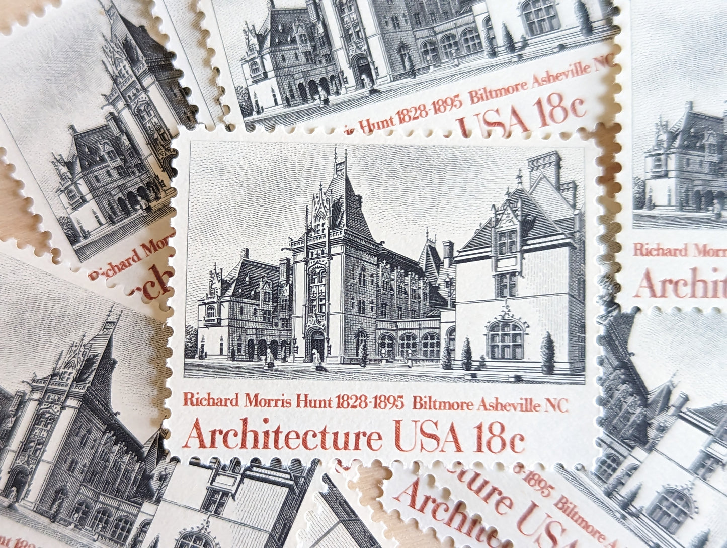 Architecture, Vintage Unused USPS 18 Cent Postage Stamps, American Architecture (Biltmore Asheville NC, NYU Library, Palace of Arts San Francisco, Bank Owatonna), 1981, Gummed
