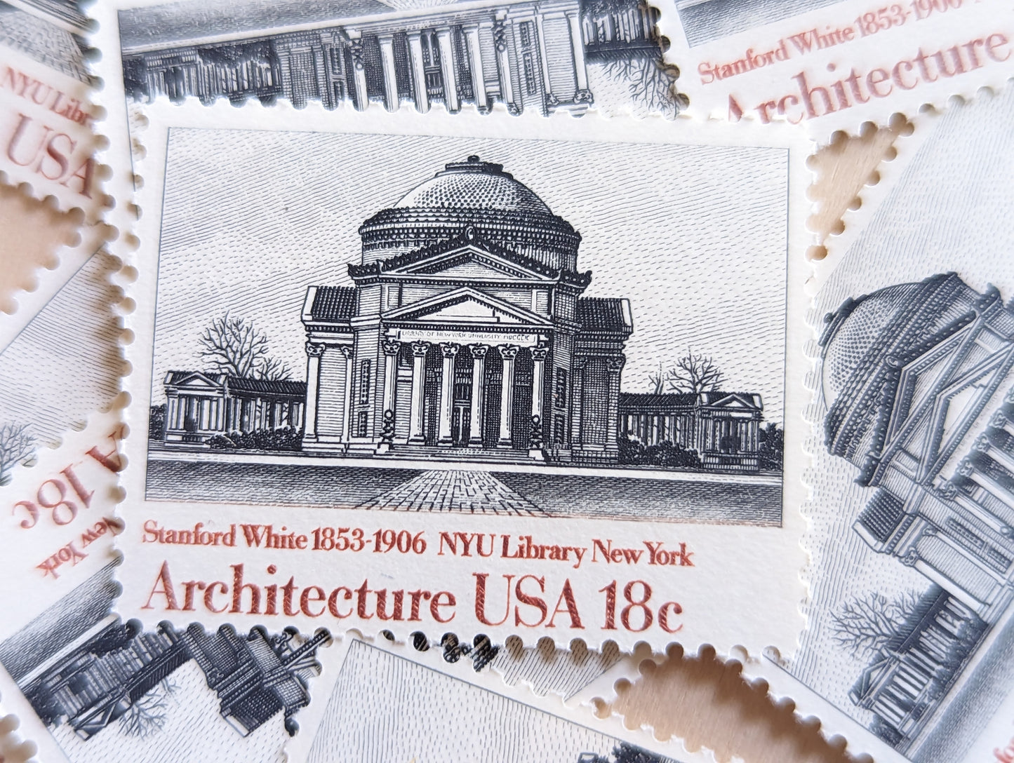 Architecture, Vintage Unused USPS 18 Cent Postage Stamps, American Architecture (Biltmore Asheville NC, NYU Library, Palace of Arts San Francisco, Bank Owatonna), 1981, Gummed