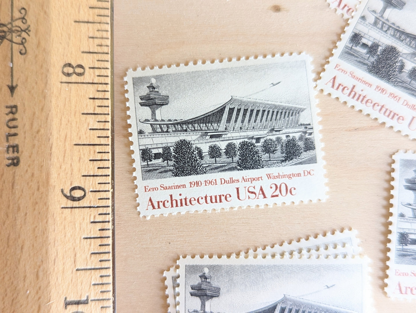 Architecture, Vintage Unused USPS 20 Cent Postage Stamps, American Architecture (Gropius House, Dulles Airport, Fallingwater, Illinois Inst Tech), 1982, Gummed