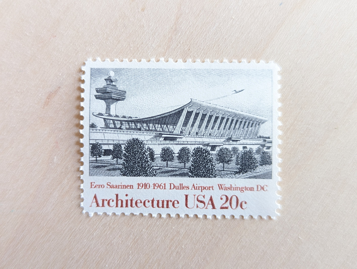 Architecture, Vintage Unused USPS 20 Cent Postage Stamps, American Architecture (Gropius House, Dulles Airport, Fallingwater, Illinois Inst Tech), 1982, Gummed