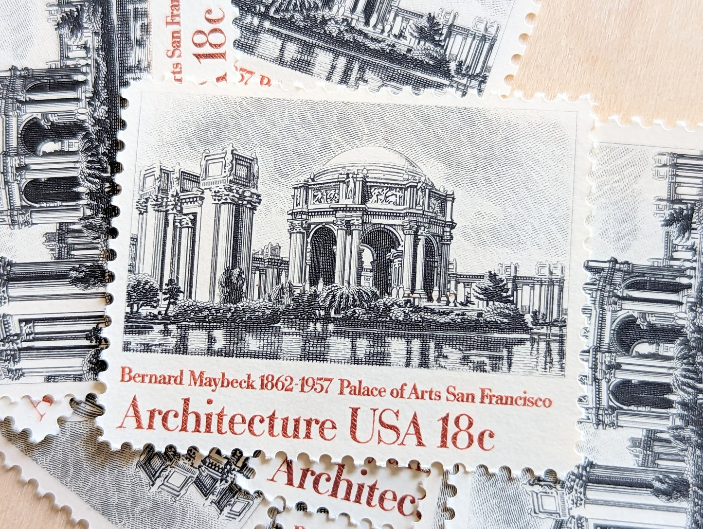 Architecture, Vintage Unused USPS 18 Cent Postage Stamps, American Architecture (Biltmore Asheville NC, NYU Library, Palace of Arts San Francisco, Bank Owatonna), 1981, Gummed