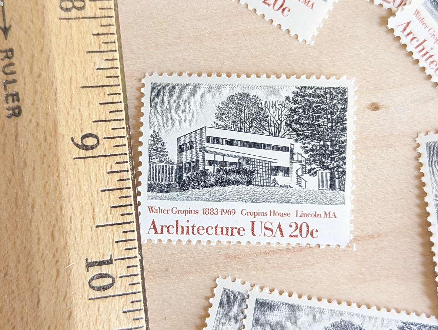 Architecture, Vintage Unused USPS 20 Cent Postage Stamps, American Architecture (Gropius House, Dulles Airport, Fallingwater, Illinois Inst Tech), 1982, Gummed