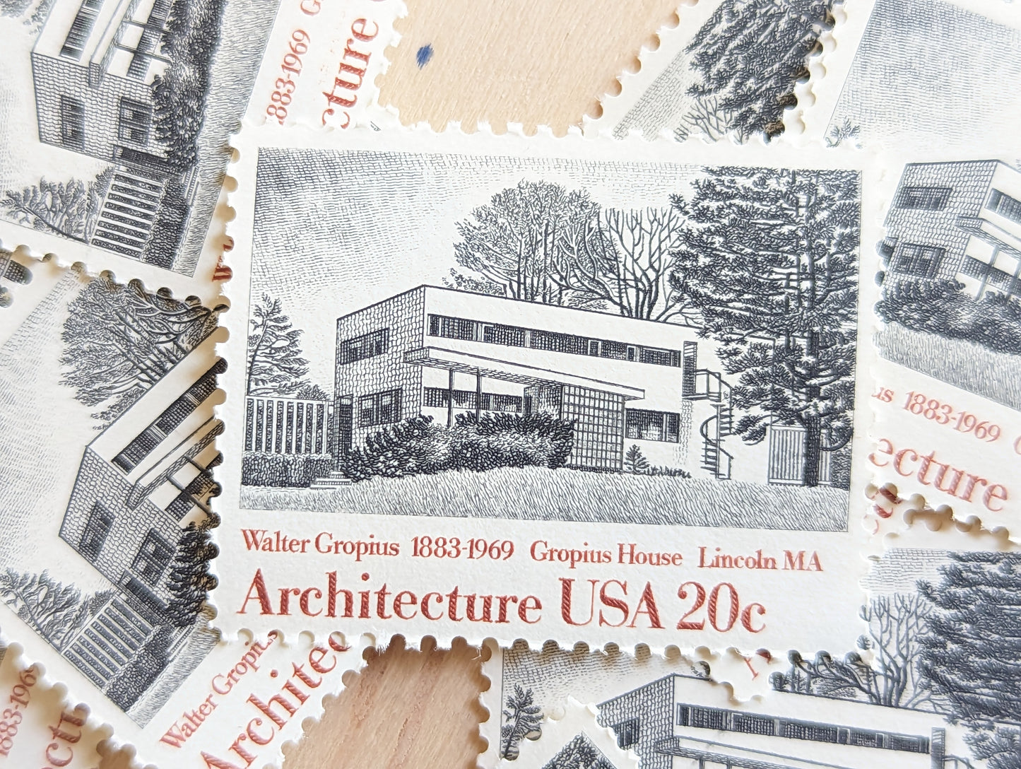 Architecture, Vintage Unused USPS 20 Cent Postage Stamps, American Architecture (Gropius House, Dulles Airport, Fallingwater, Illinois Inst Tech), 1982, Gummed