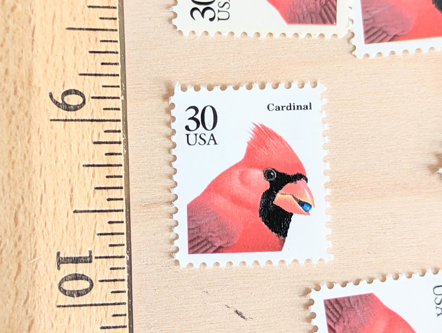 Cardinal Stamps, Set of 10, Vintage Unused USPS 30 Cent Postage Stamps, Bird Stamps 1991, Gummed