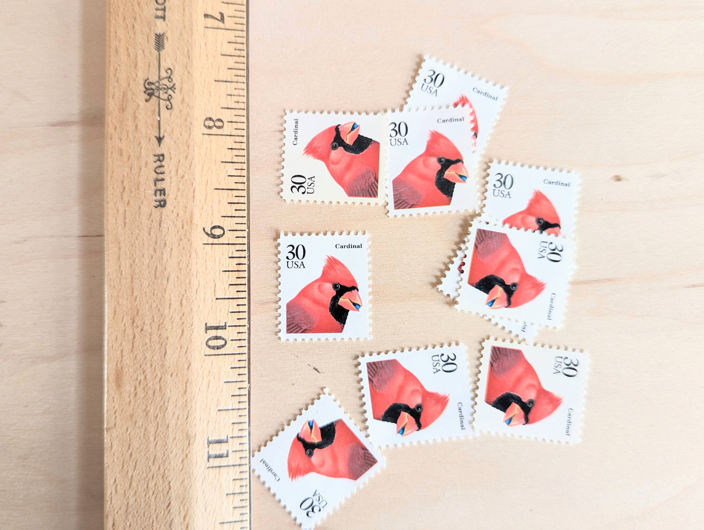 Cardinal Stamps, Set of 10, Vintage Unused USPS 30 Cent Postage Stamps, Bird Stamps 1991, Gummed
