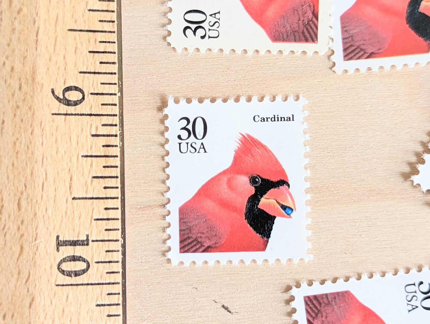 Cardinal Stamps, Set of 10, Vintage Unused USPS 30 Cent Postage Stamps, Bird Stamps 1991, Gummed