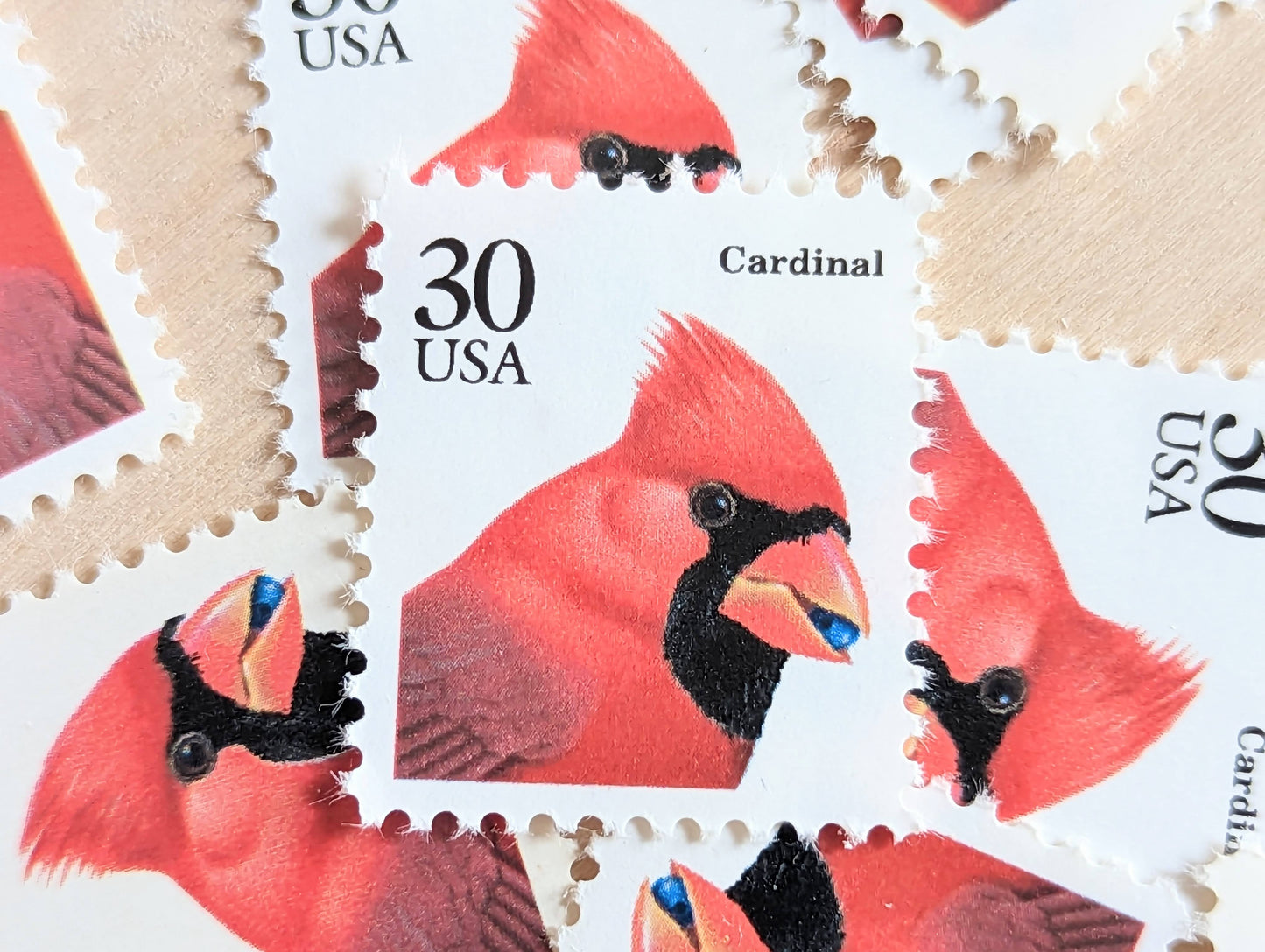 Cardinal Stamps, Set of 10, Vintage Unused USPS 30 Cent Postage Stamps, Bird Stamps 1991, Gummed