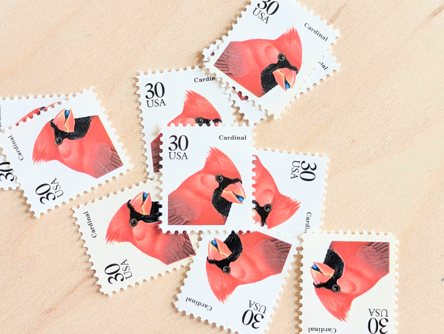 Cardinal Stamps, Set of 10, Vintage Unused USPS 30 Cent Postage Stamps, Bird Stamps 1991, Gummed