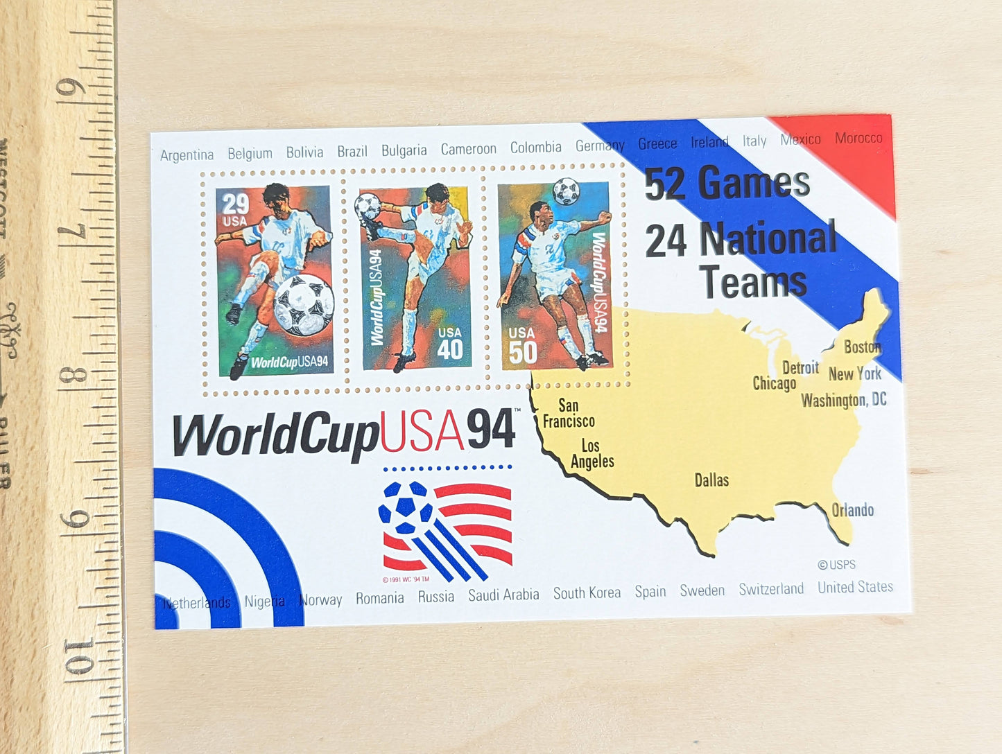 World Cup, Vintage Unused USPS Postage Stamps, World Cup Stamps (Souvenir Sheet), 1994, Gummed