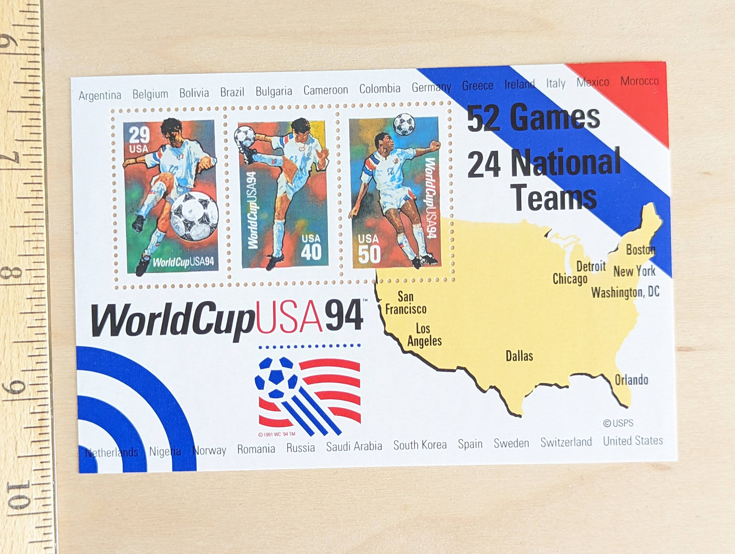 World Cup, Vintage Unused USPS Postage Stamps, World Cup Stamps (Souvenir Sheet), 1994, Gummed