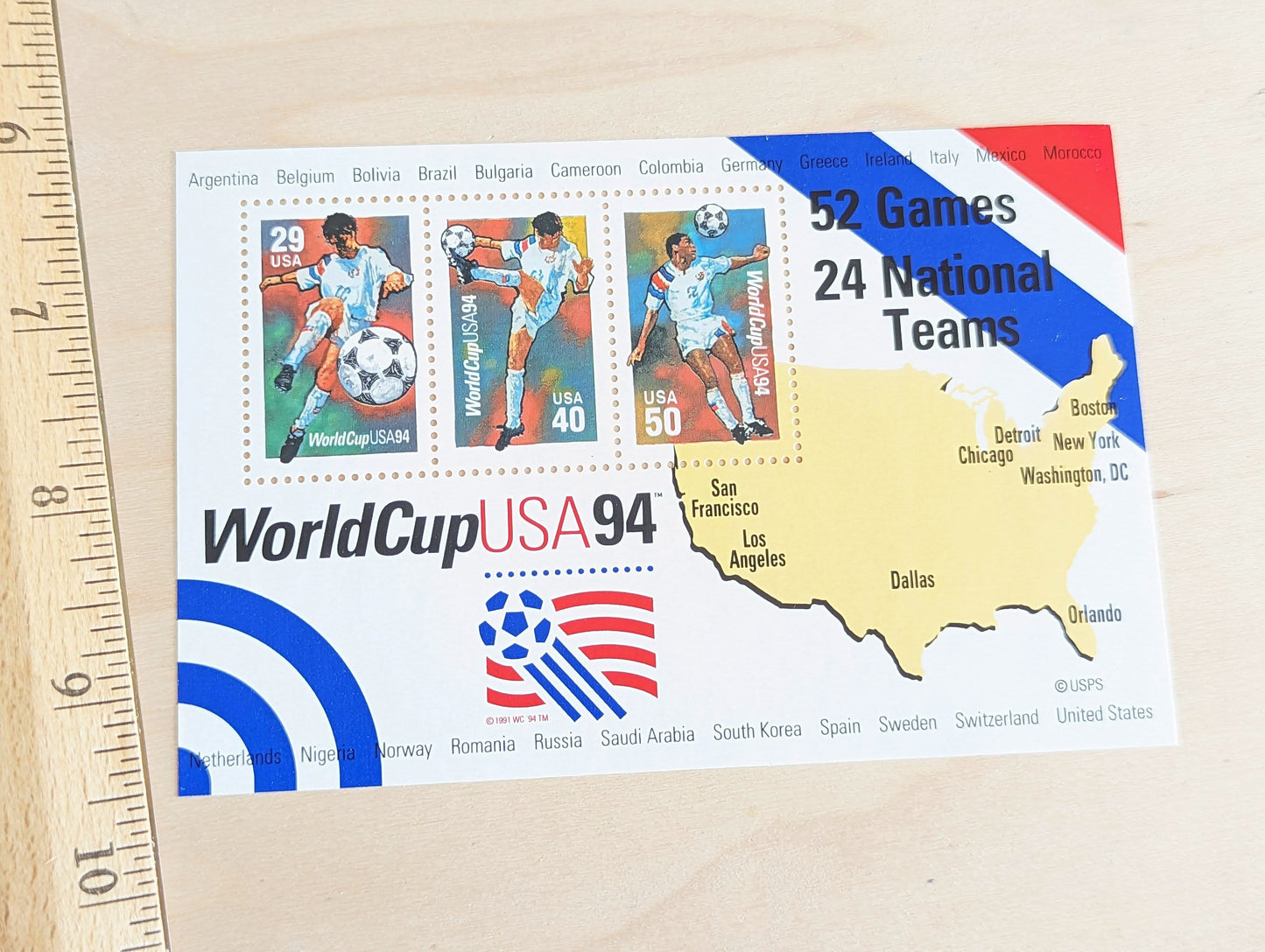 World Cup, Vintage Unused USPS Postage Stamps, World Cup Stamps (Souvenir Sheet), 1994, Gummed