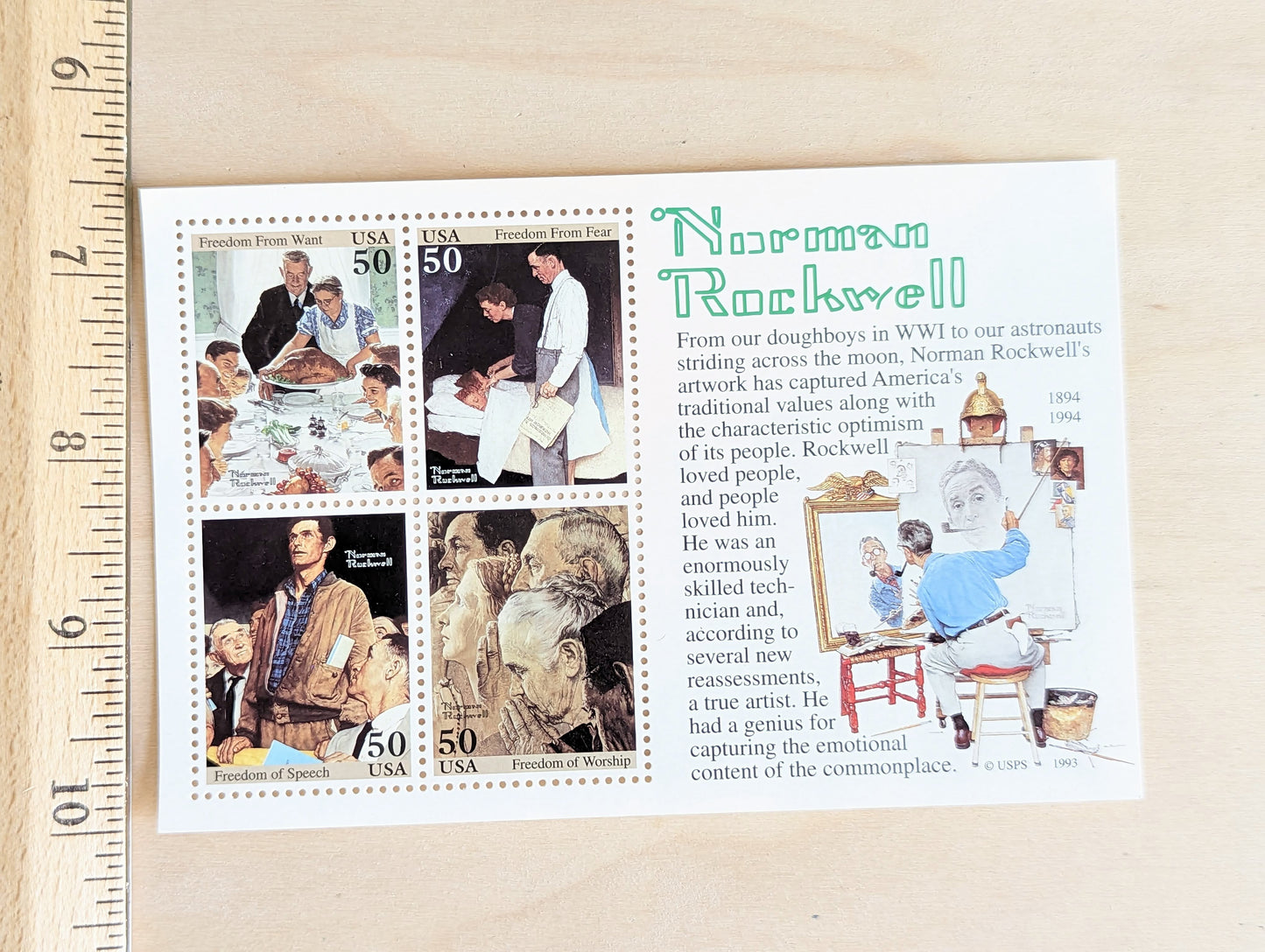 Norman Rockwell, Vintage Unused USPS Postage Stamps, Norman Rockwell Stamps (Souvenir Sheet), 1993, Gummed